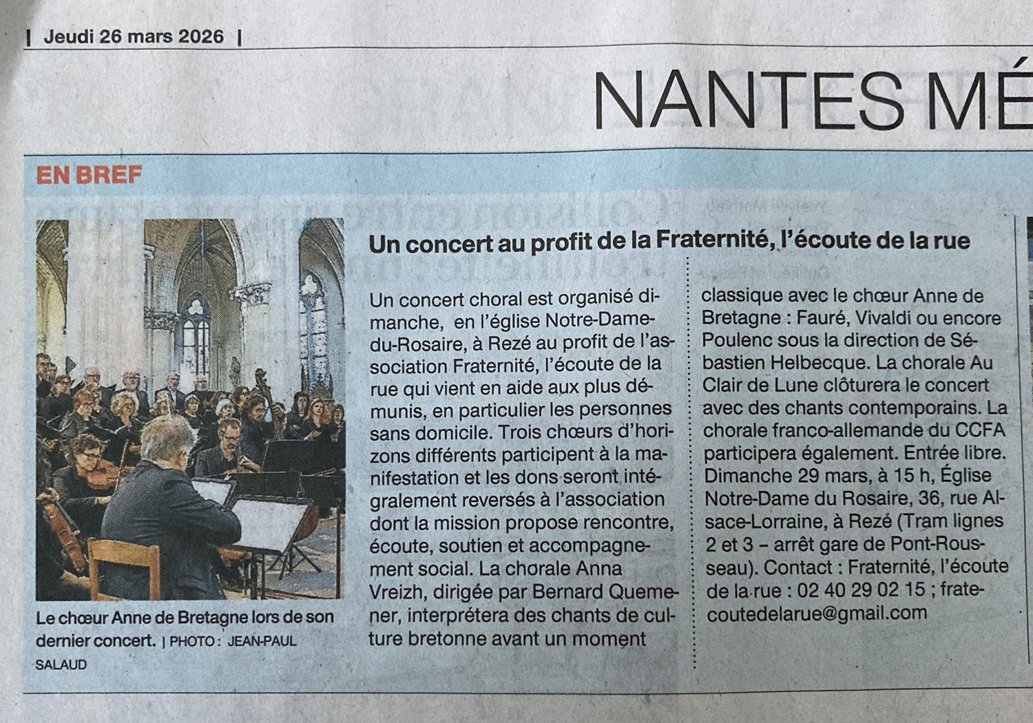 article Ouest-France du 26 mars 2026 - concert caritatif avec CADB etc